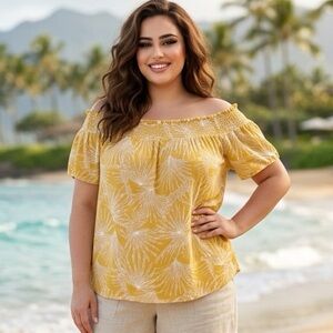 Anko Smocked Floral Yellow Off Shoulder Top Womens 20 Beachy Boho Coastal